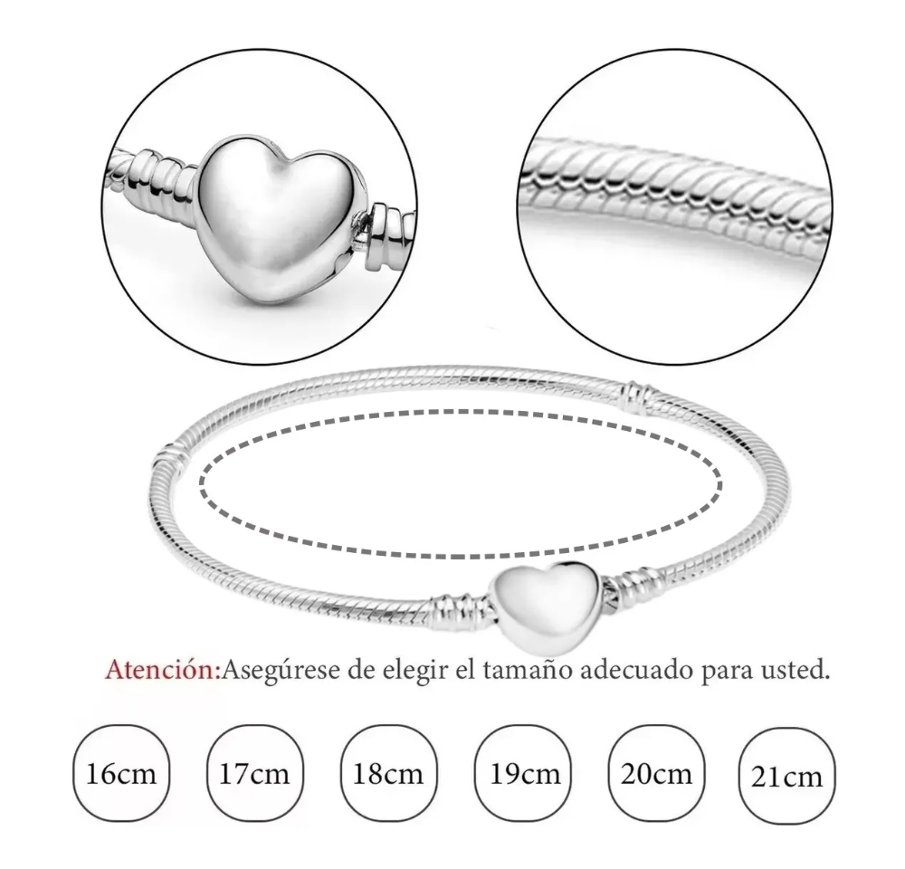 Foto 3 pulgar | Pulsera Plata Corazón Para Charms Cadena Serpiente Brochepulsera Plata Corazón Para Charms Cadena Serpiente Broche