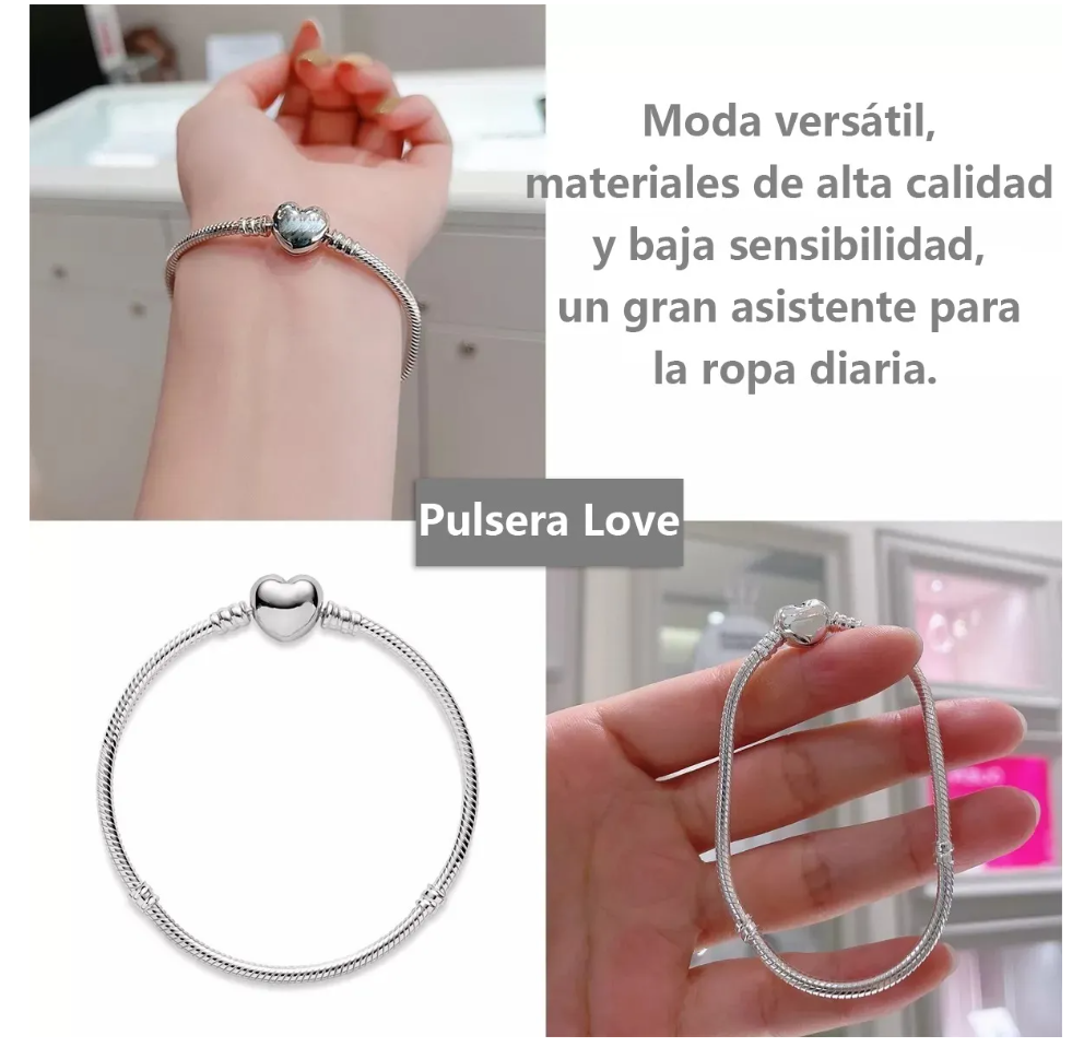 Foto 5 pulgar | Pulsera Plata Corazón Para Charms Cadena Serpiente Brochepulsera Plata Corazón Para Charms Cadena Serpiente Broche
