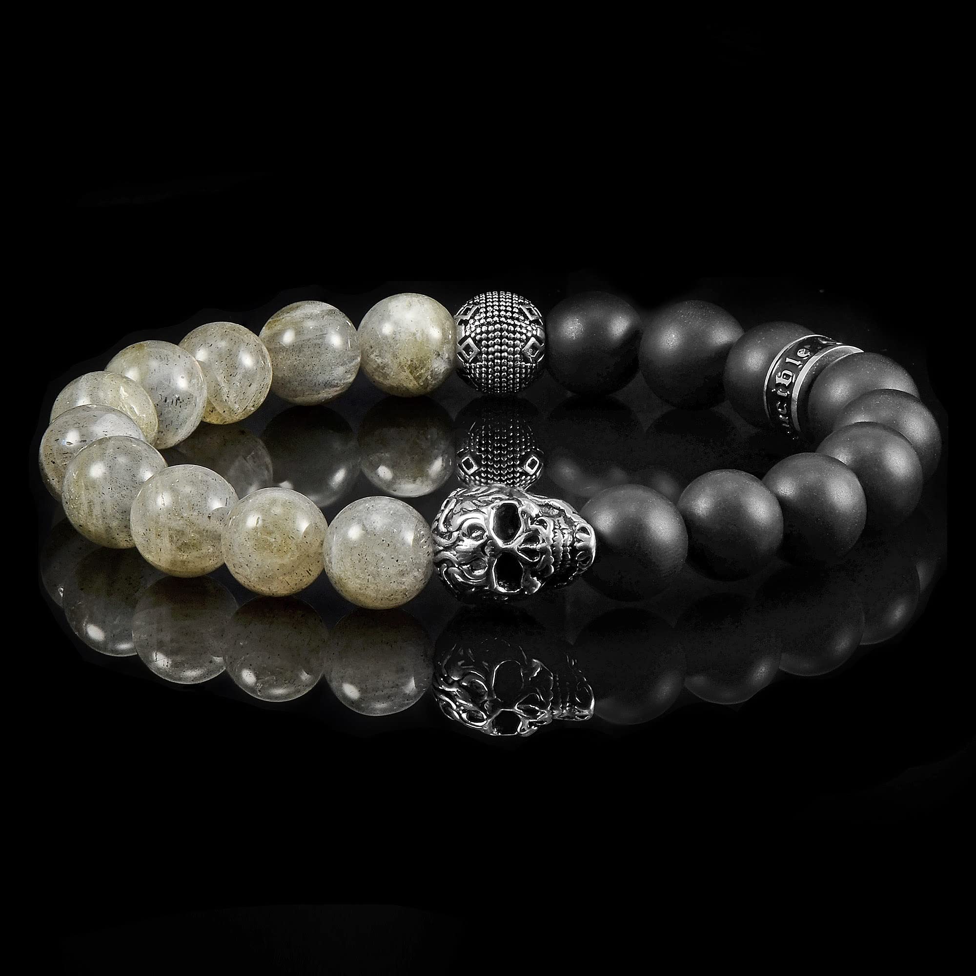 Foto 6 pulgar | Pulsera Crucible De Acero Inoxidable Con Calavera, Labradorita Y Ónix - Venta Internacional.