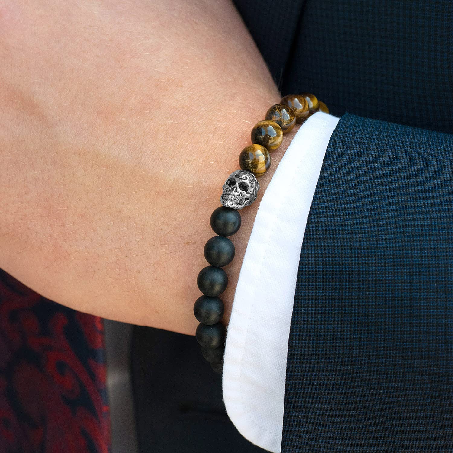 Foto 3 | Pulsera Crisol De Acero Inoxidable Con Calavera Ojo De Tigre Y Ónix - Venta Internacional.