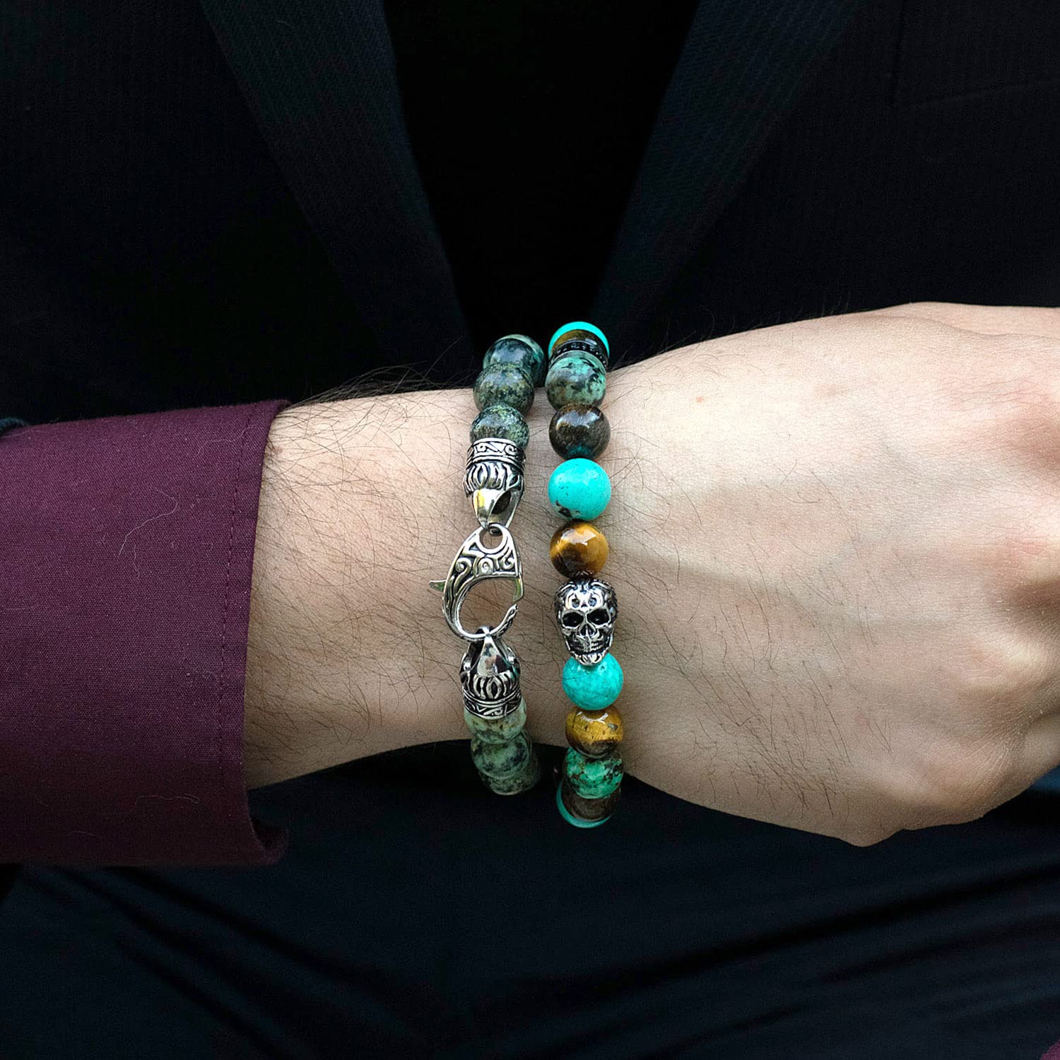 Foto 3 | Pulsera Crucible De Acero Inoxidable Con Calavera Con Ojo De Tigre, Turquesa - Venta Internacional.