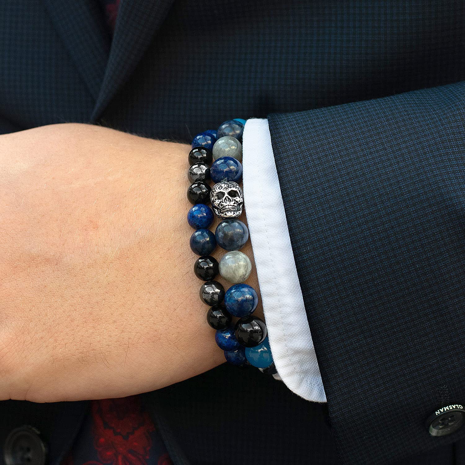 Foto 3 | Pulsera Crucible De Acero Inoxidable Con Calavera, Ónix Y Lapislázuli - Venta Internacional.