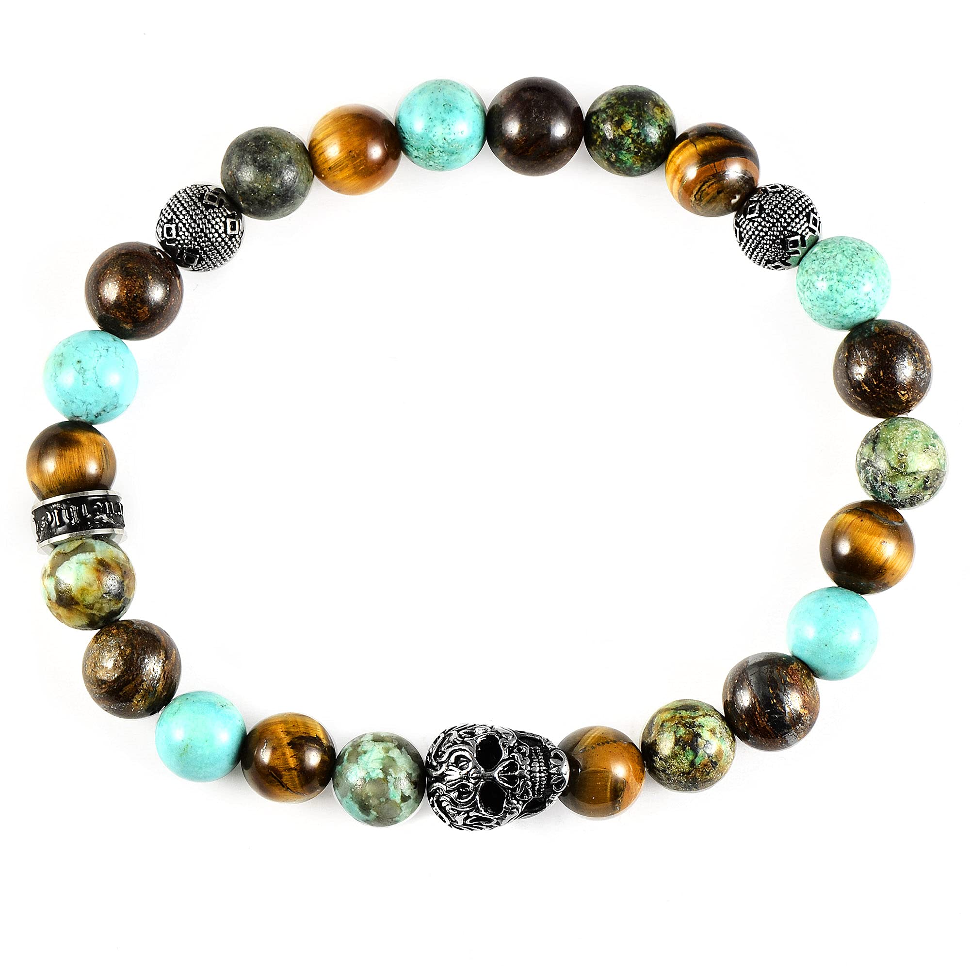 Foto 2 | Pulsera Crucible De Acero Inoxidable Con Calavera Con Ojo De Tigre Y Turquesa - Venta Internacional.
