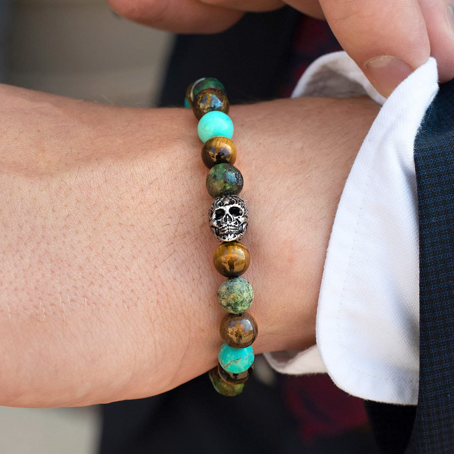 Foto 4 pulgar | Pulsera Crucible De Acero Inoxidable Con Calavera Con Ojo De Tigre Y Turquesa - Venta Internacional.
