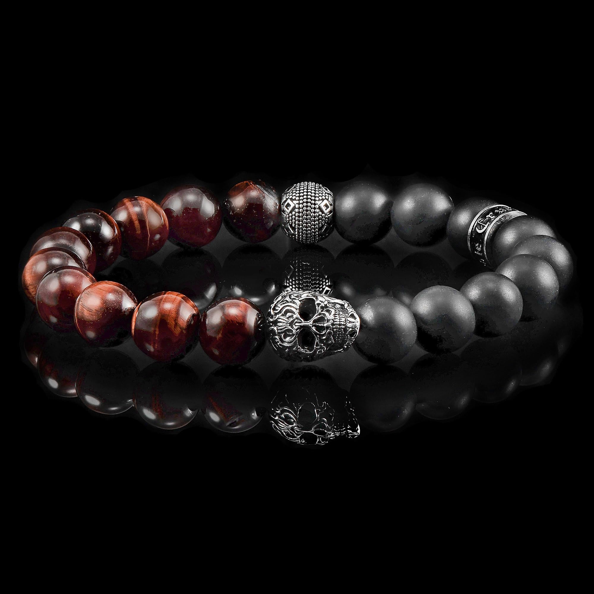 Foto 5 | Brazalete Crucible De Acero Inoxidable Con Calavera, Ojo De Tigre Rojo Y Ónix - Venta Internacional.