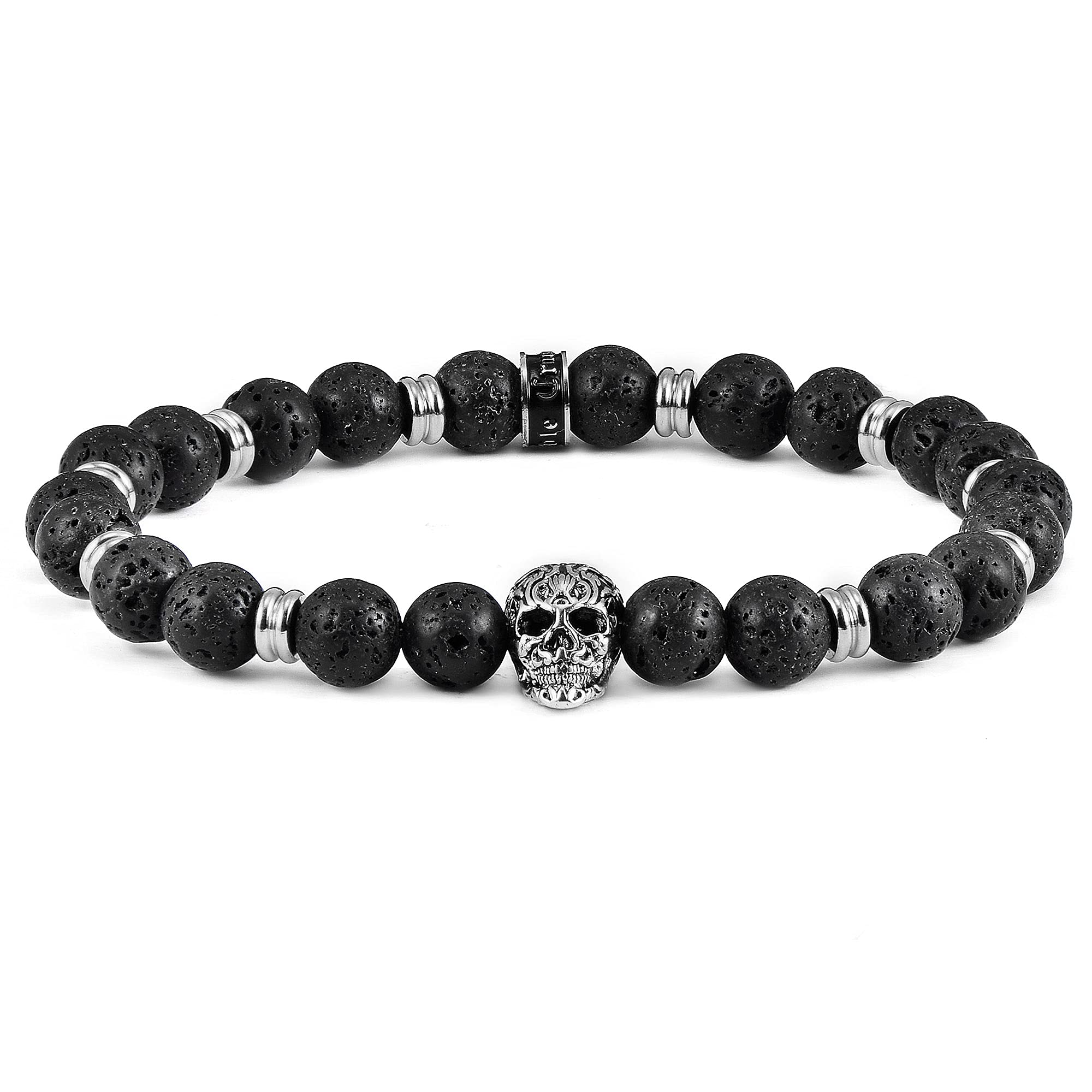 Foto 2 pulgar | Pulsera Crisol De Acero Inoxidable Con Forma De Calavera Y Piedra Volcánica De 8 Mm - Venta Internacional.