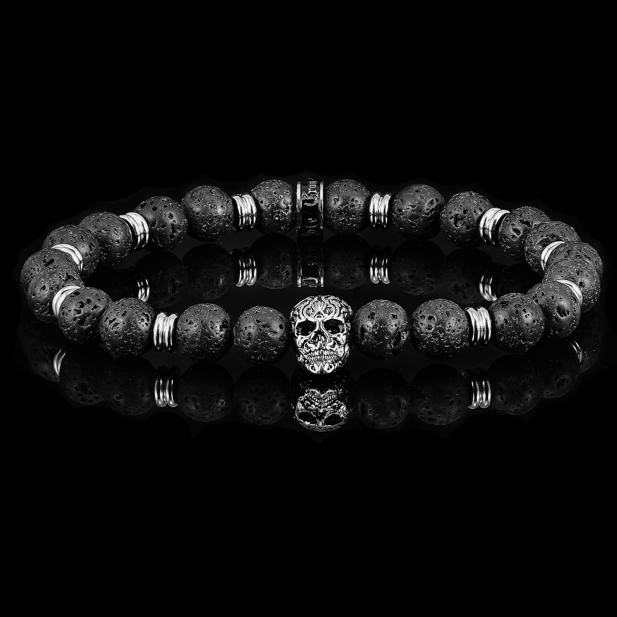 Foto 6 pulgar | Pulsera Crisol De Acero Inoxidable Con Forma De Calavera Y Piedra Volcánica De 8 Mm - Venta Internacional.