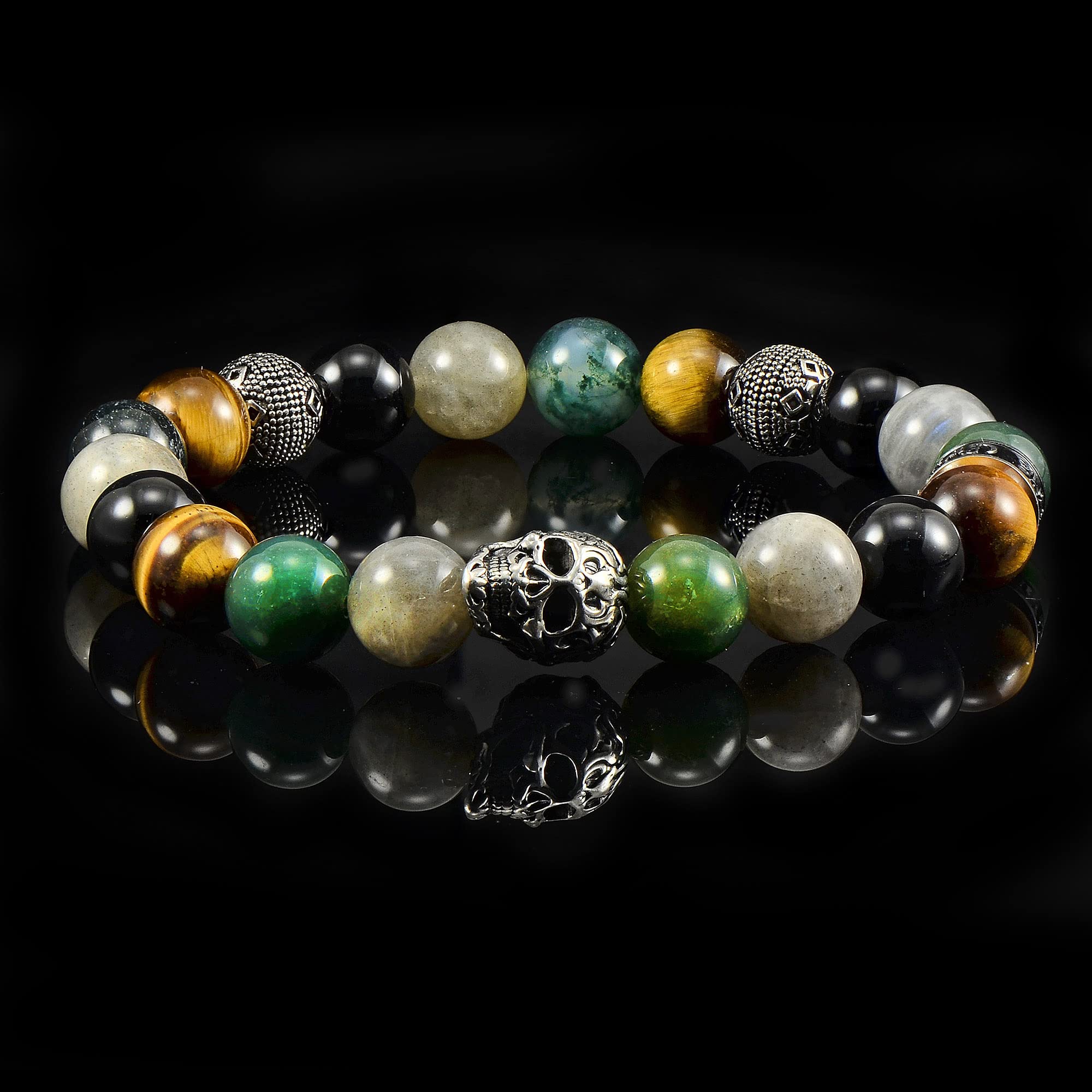 Foto 6 pulgar | Brazalete Crucible De Acero Inoxidable Con Calavera, Ónix Y Labradorita - Venta Internacional.