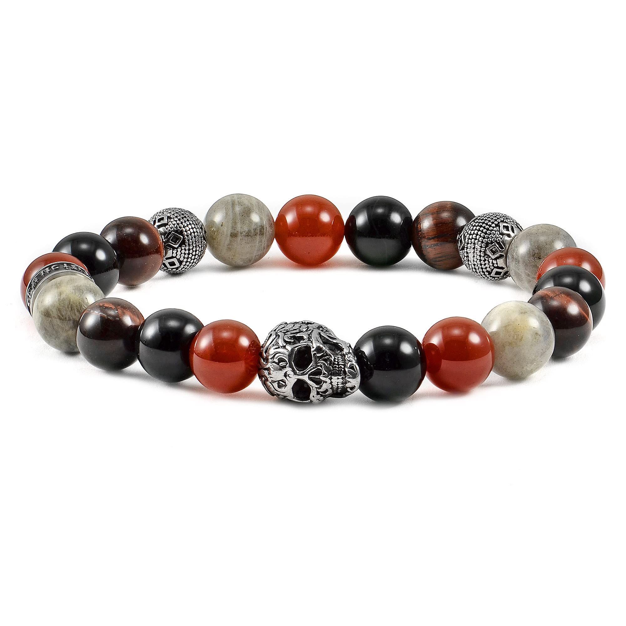 Brazalete Crucible De Acero Inoxidable Con Calavera, Ónix Y Labradorita - Venta Internacional.