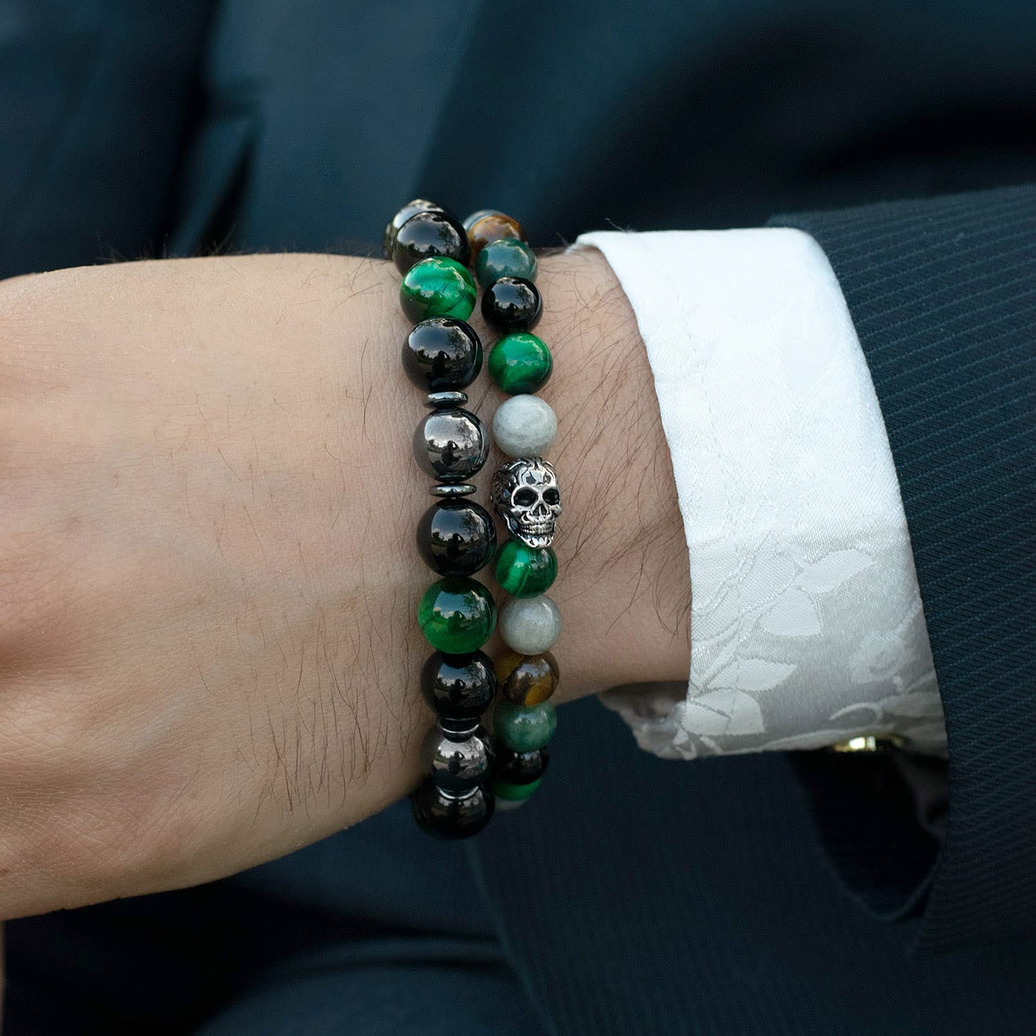 Foto 4 pulgar | Brazalete Crucible De Acero Inoxidable Con Calavera, Ónix Y Labradorita - Venta Internacional.