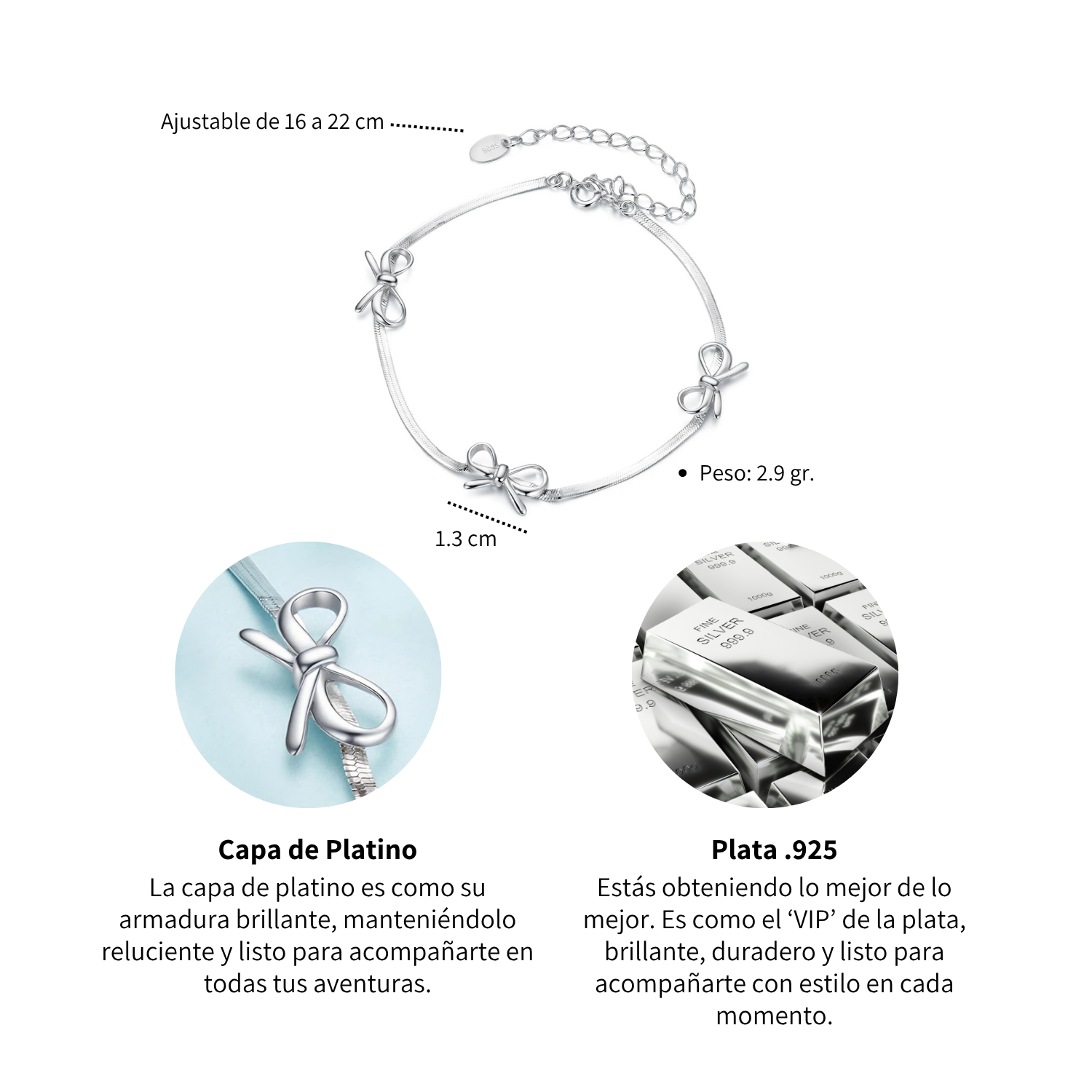 Foto 7 pulgar | Pulsera Chulada  Moños De Plata .925 Con Chapa De Platino  Se Puede Mojar.