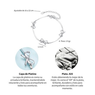Foto 6 | Pulsera Chulada Moños De Plata .925 Con Chapa De Platino Se Puede Mojar.