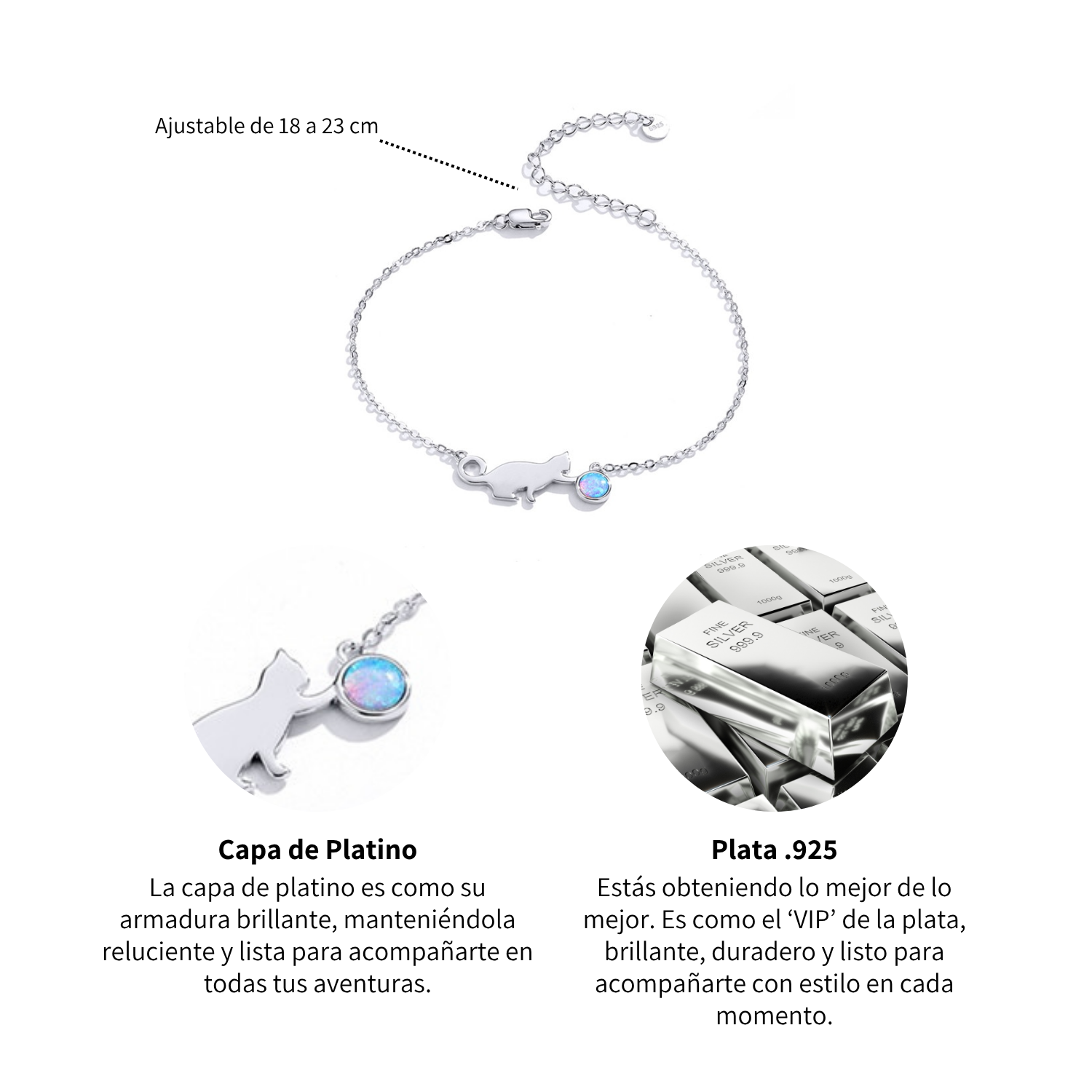 Foto 6 pulgar | Pulsera Chulada  Gato Con Bola De Estambre De Plata .925 Y Chapa De Platino  Se Puede Mojar