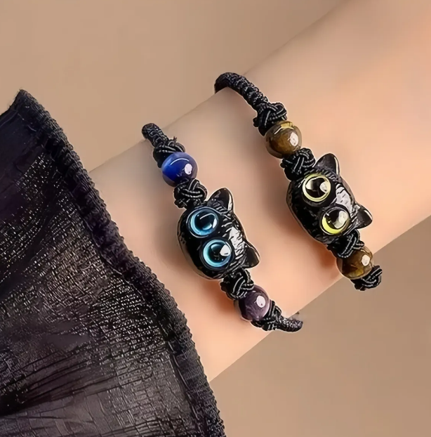 Foto 3 | Xtellar Pulsera De Piedra Lunar Con Diseño De Gato  Exclusiva Para Parejas - 2 Pcs Ajustables Y Tejidas A Mano