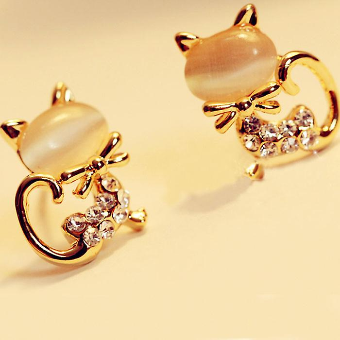 Foto 3 pulgar | Pendientes De Tuerca Huoguo  A La Moda Coreana  Con Bonita Piedra De Gato Y Cristal - Venta Internacional.