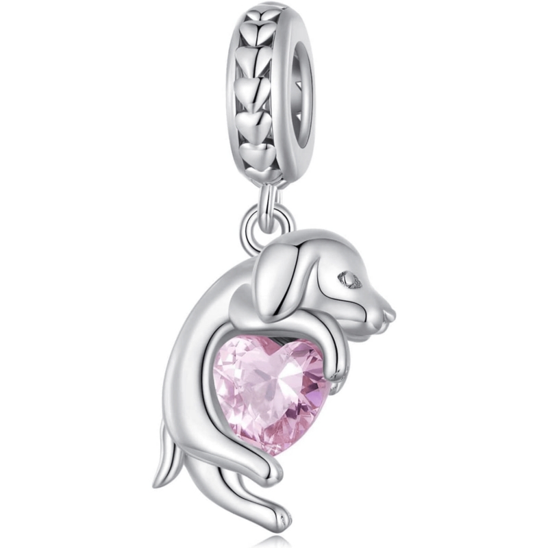 Colgante Plateado Con Diseño De Perro Sobre Corazón Rosa Para Pulsera - Venta Internacional.