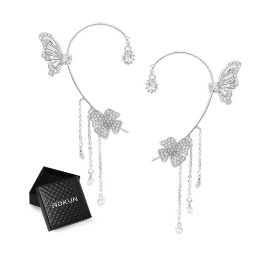 2pzs Aretes De Mariposas Clip Largos Con Caja, Plata