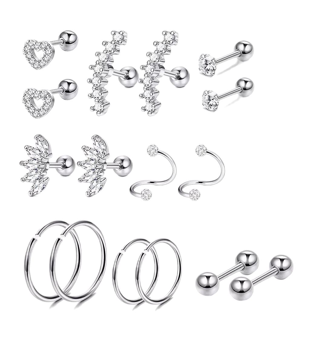 Piercing Aretes Oreja Acero Inoxidable Cartílago Set 8 Pares Color Plateado