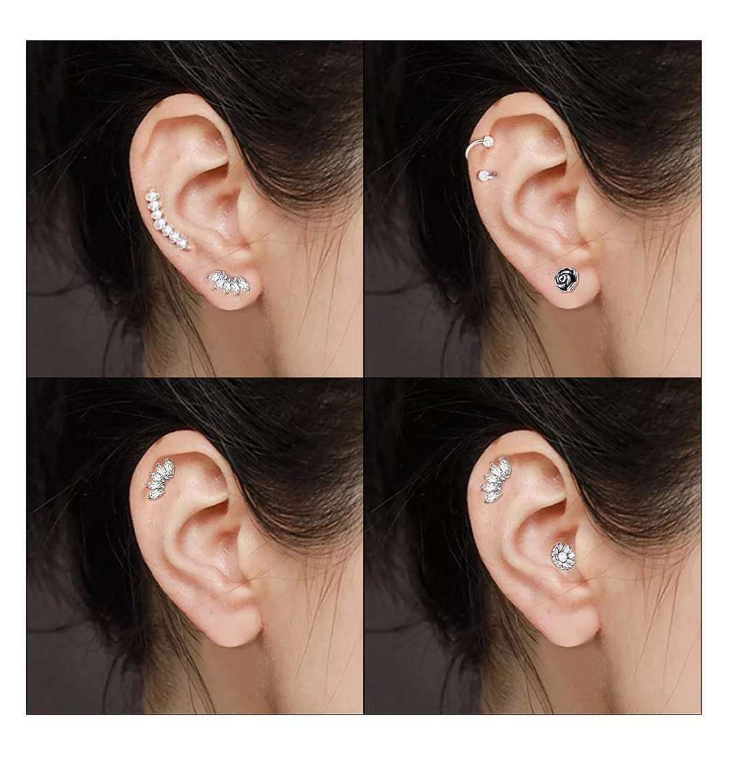 Foto 4 pulgar | Piercing Aretes Oreja Acero Inoxidable Cartílago Set 8 Pares Color Plateado