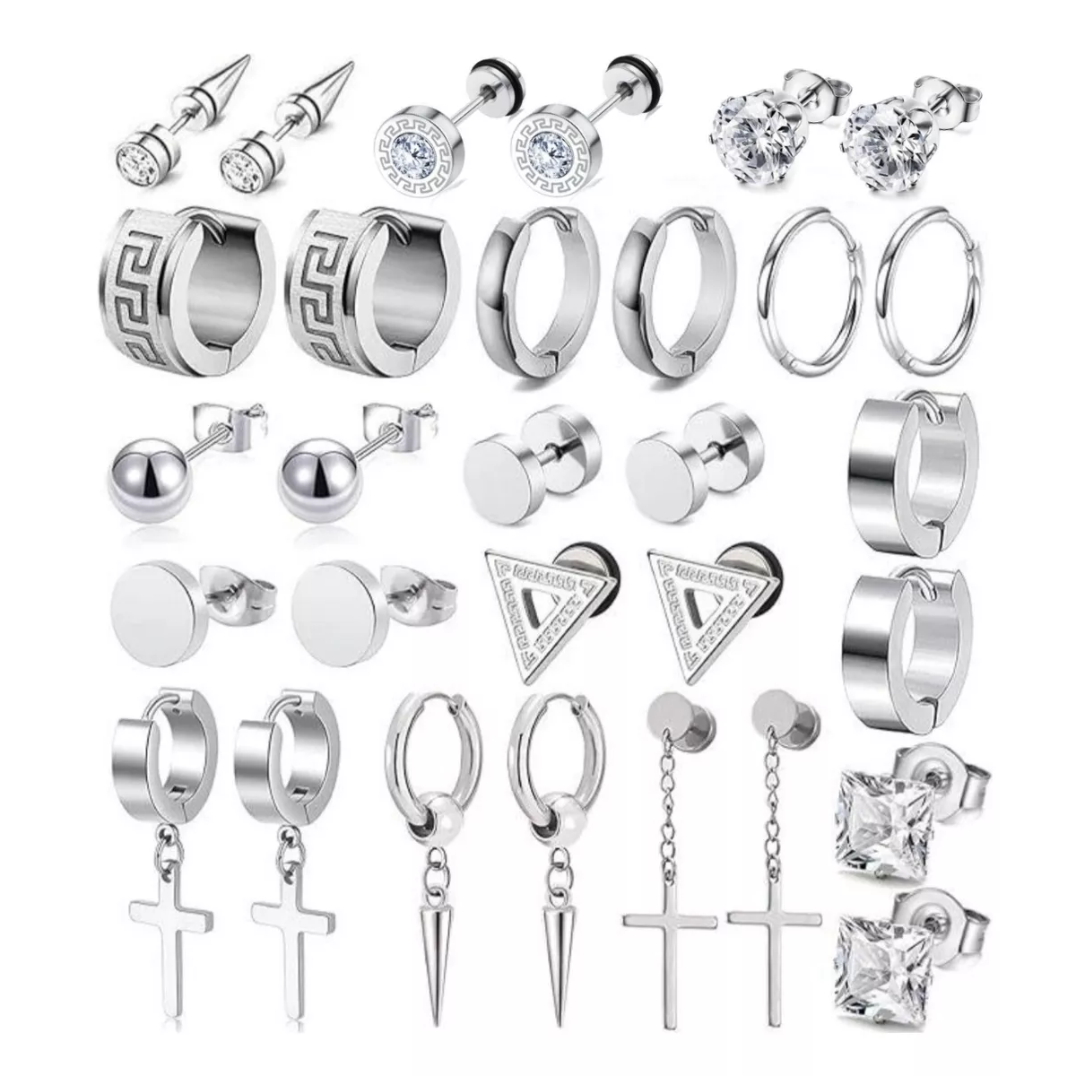 15 Pares Aretes  Piercing Pendientes Acero Inoxidable Plata