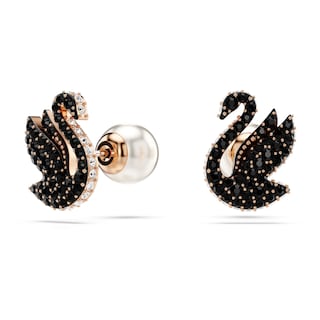 Foto 2 | Pendientes Con Forma De Cisne De Swarovski Con Cristales Negros Y Perlas De Oro Rosa - Venta Internacional.