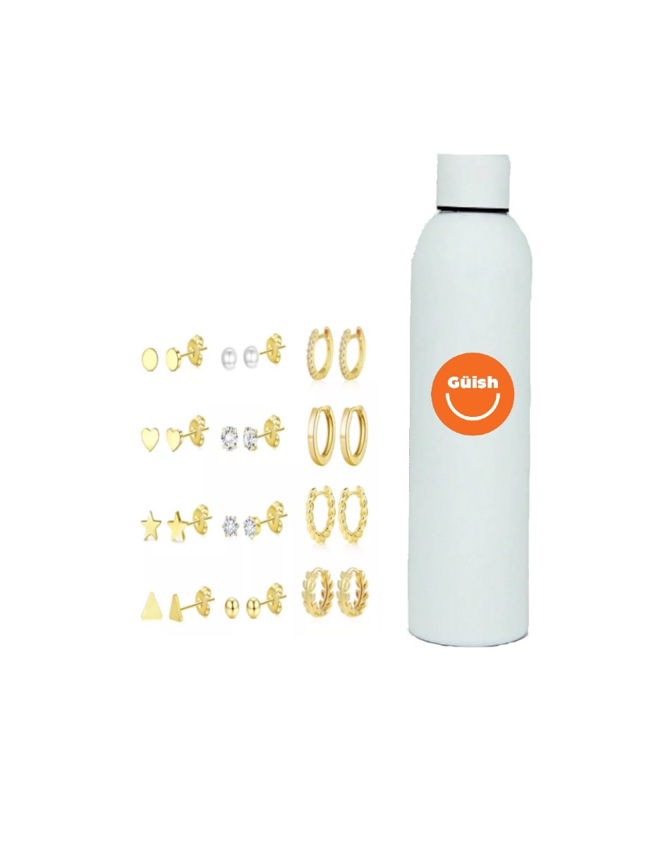 Foto 2 pulgar | 12 Aretes De Laminado Oro 14k + Termo De Agua Güish