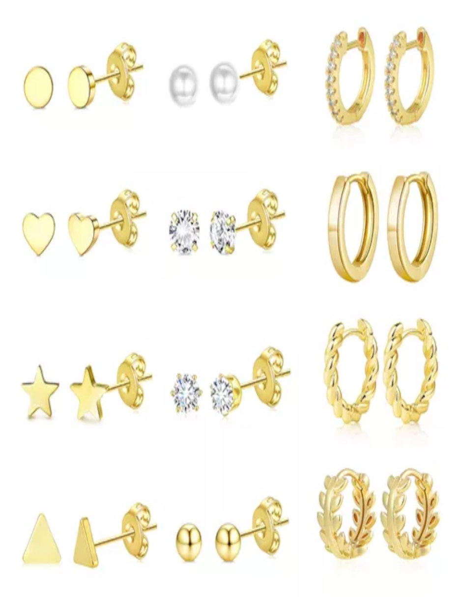 Foto 3 pulgar | 12 Aretes De Laminado Oro 14k + Termo De Agua Güish