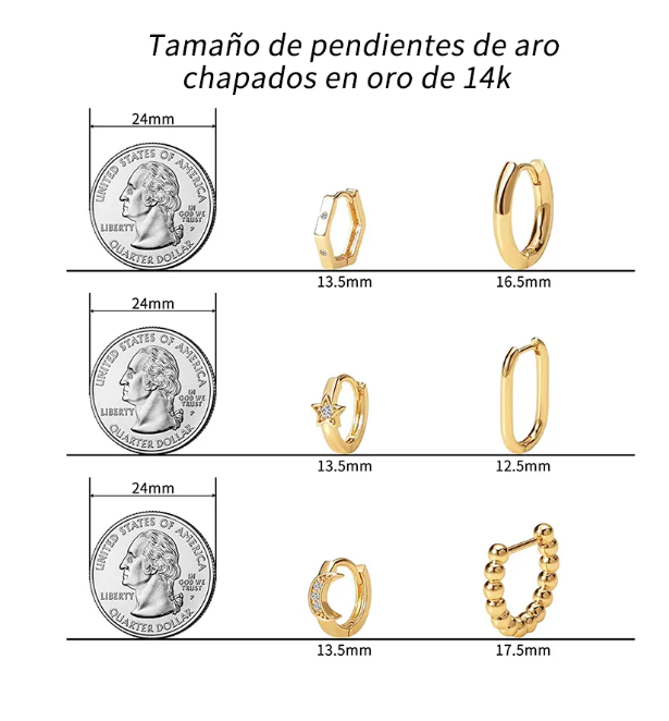 Foto 3 pulgar | Aretes de Oro Xellar 14 k 6 Piezas