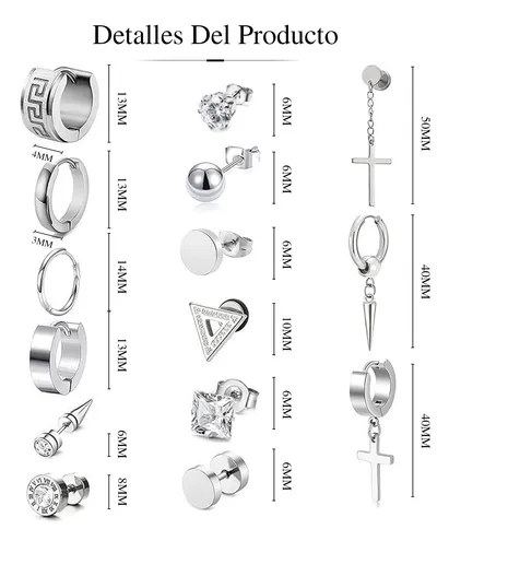 Foto 3 pulgar | 15 Xtellar Pares Aretes Hombre Piercing Pendientes Acero Inoxidable