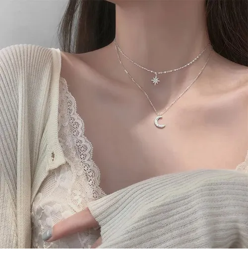 Foto 4 pulgar | Collar Xtellar De Cadena Doble Con Luna Estrella Pulsera Para Mujer