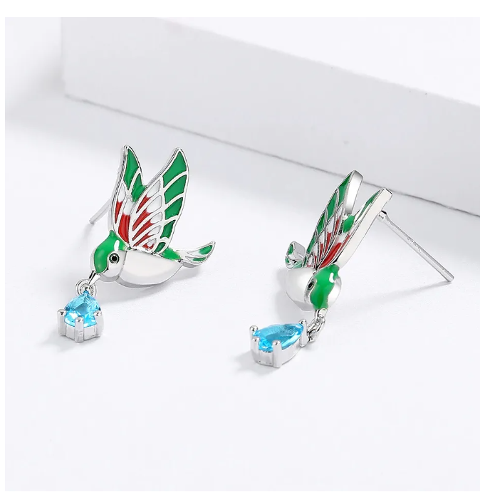 Foto 5 pulgar | Aretes De Colibrí Tipo Broquel Chapado En Plata Ley 925 Con Cristal Zirconia