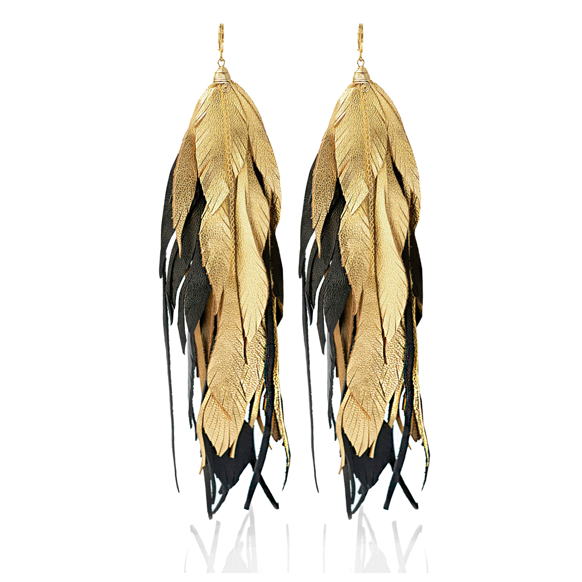 Foto 2 pulgar | Aretes Largos Mujer De Plumas Maxi Raven Gold Vangania 15cm