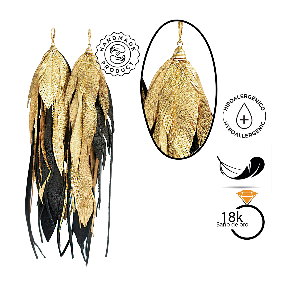 Foto 4 pulgar | Aretes Largos Mujer De Plumas Maxi Raven Gold Vangania 15cm