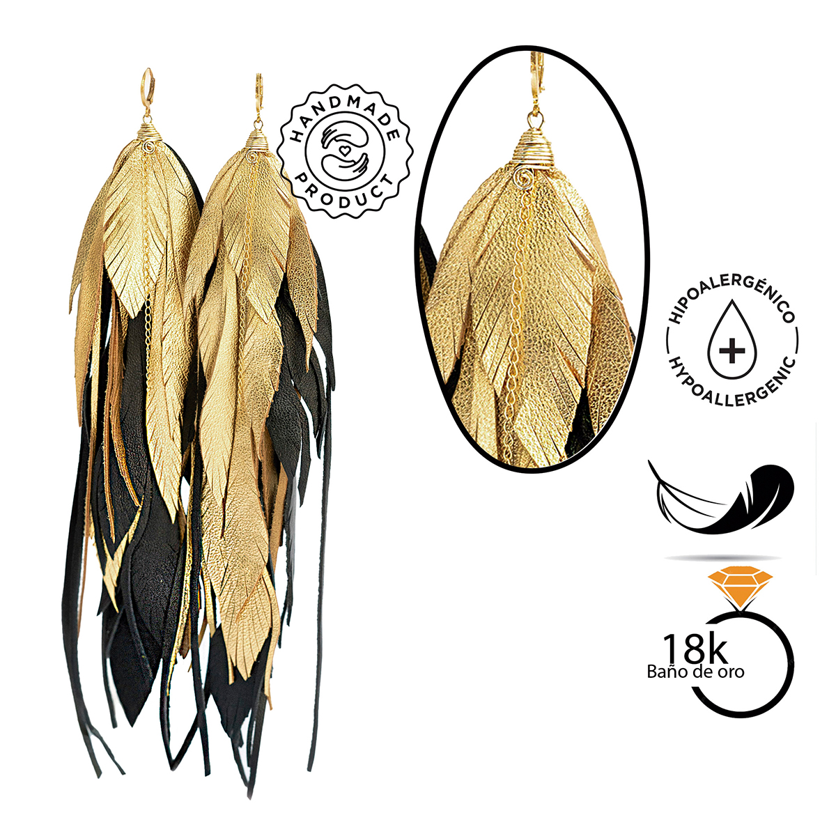 Foto 4 pulgar | Aretes Largos Mujer De Plumas Maxi Raven Gold Vangania