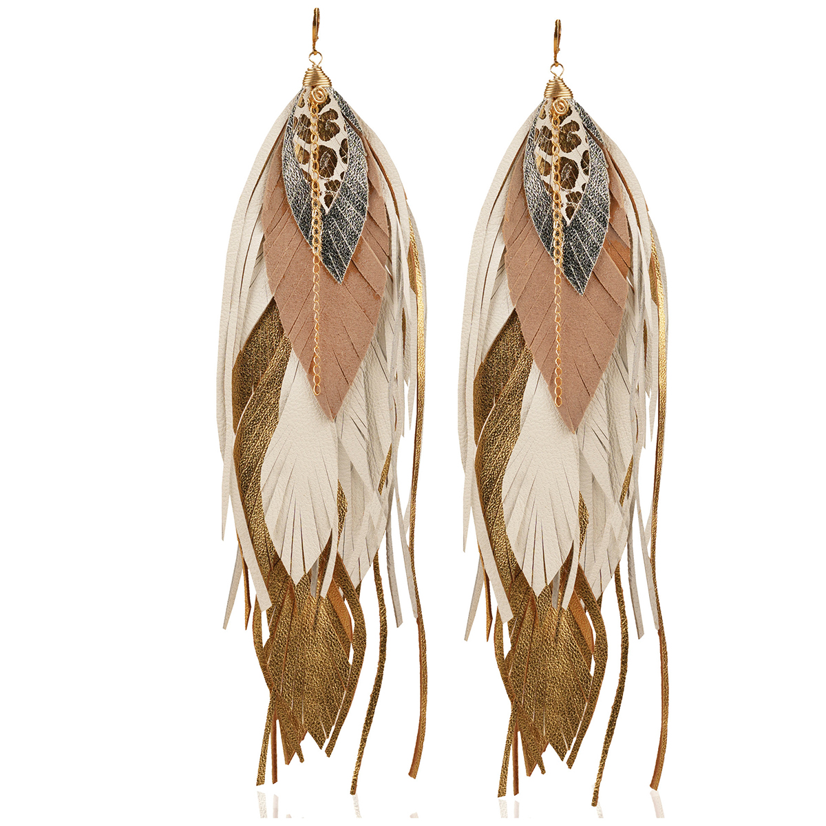 Foto 2 pulgar | Aretes Largos Mujer De Plumas Buho Gold Dorados Vangania