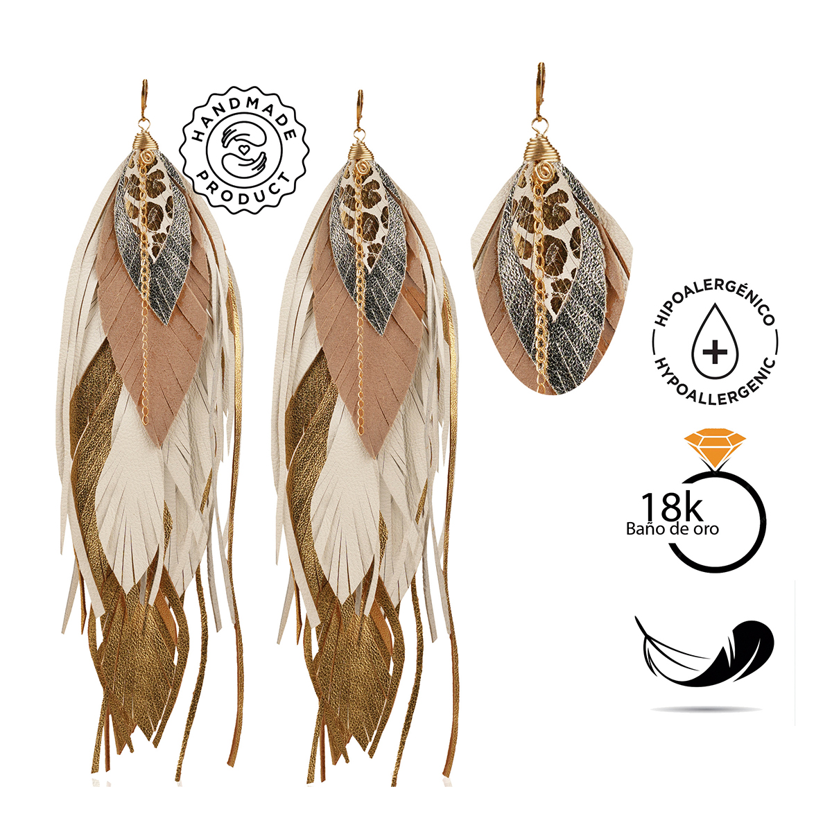 Foto 5 pulgar | Aretes Largos Mujer De Plumas Buho Gold Dorados Vangania