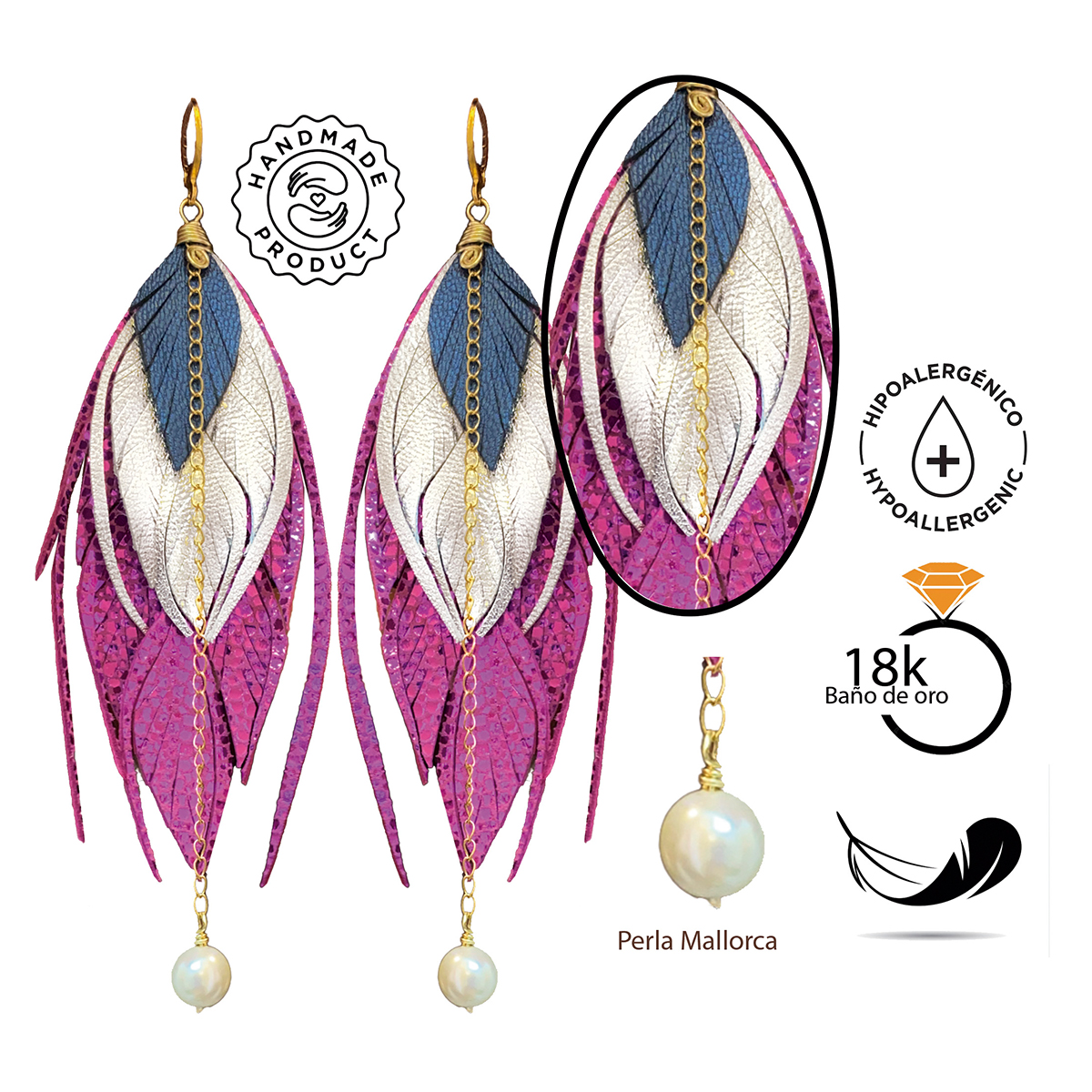 Foto 7 pulgar | Aretes Largos Mujer De Plumas Rosa Vangania Artesanales