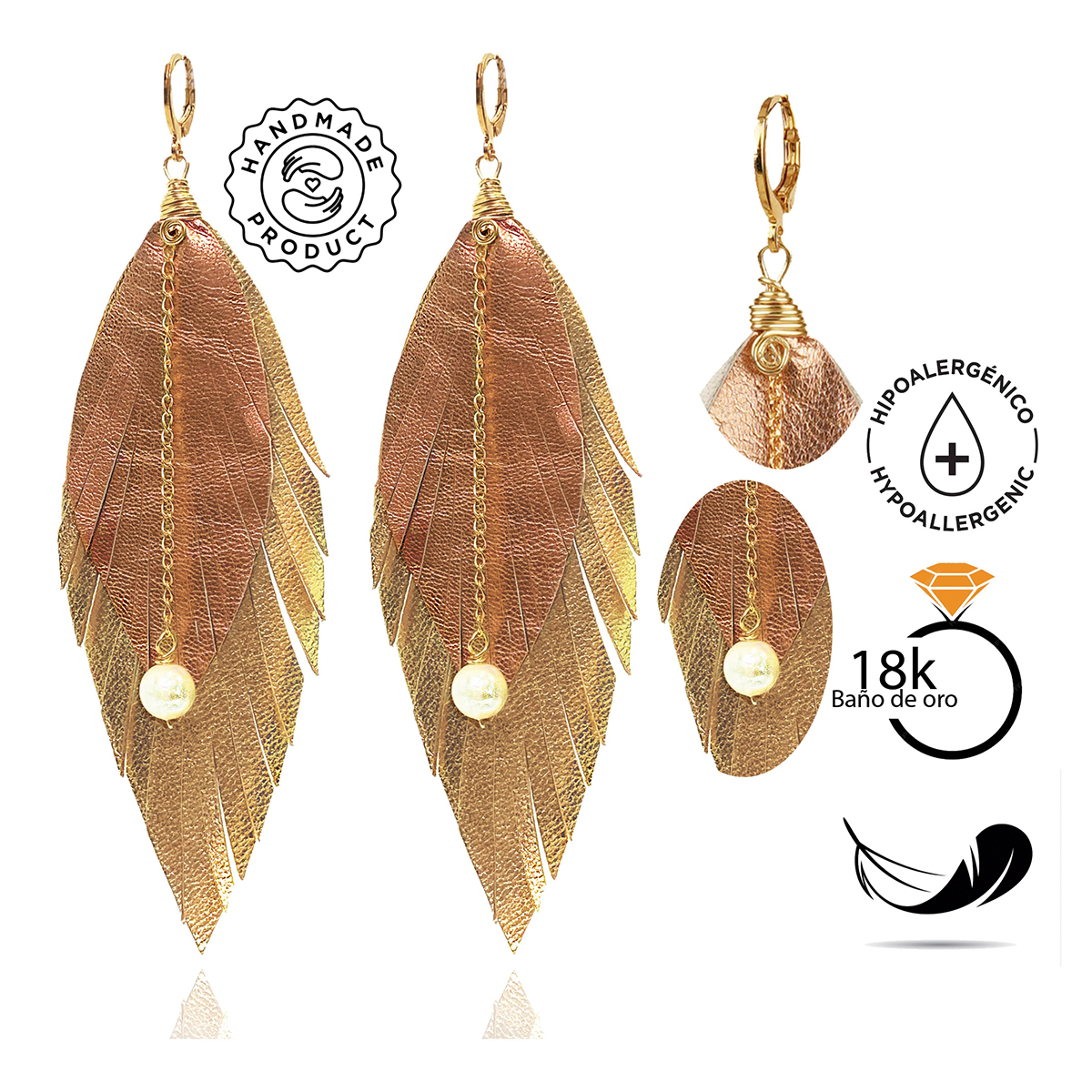 Foto 8 pulgar | Aretes Largos Mujer De Plumas Dorados Vangania Elegant Gold