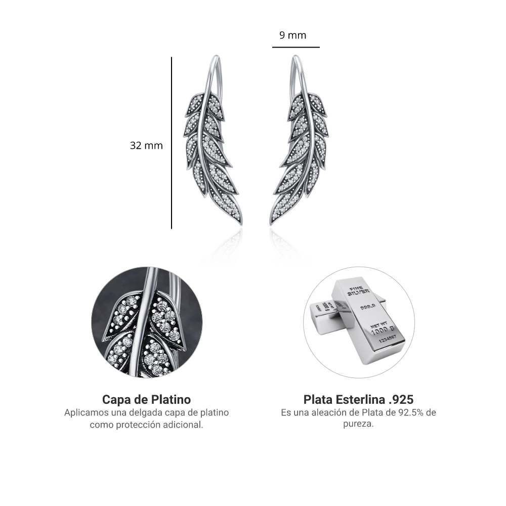 Foto 7 pulgar | Aretes Chulada, Brillo Y Plumas De Plata .925 Con Chapa De Platino, Se Puden Mojar