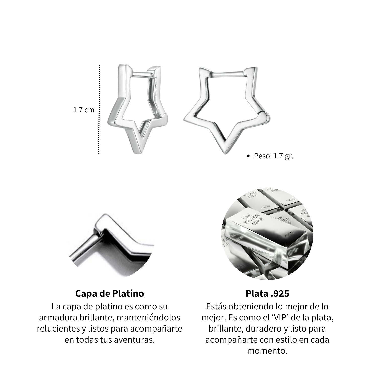 Foto 6 pulgar | Aretes Chulada, Estrellas De Plata .925 Con Chapa De Platino, Se Puden Mojar