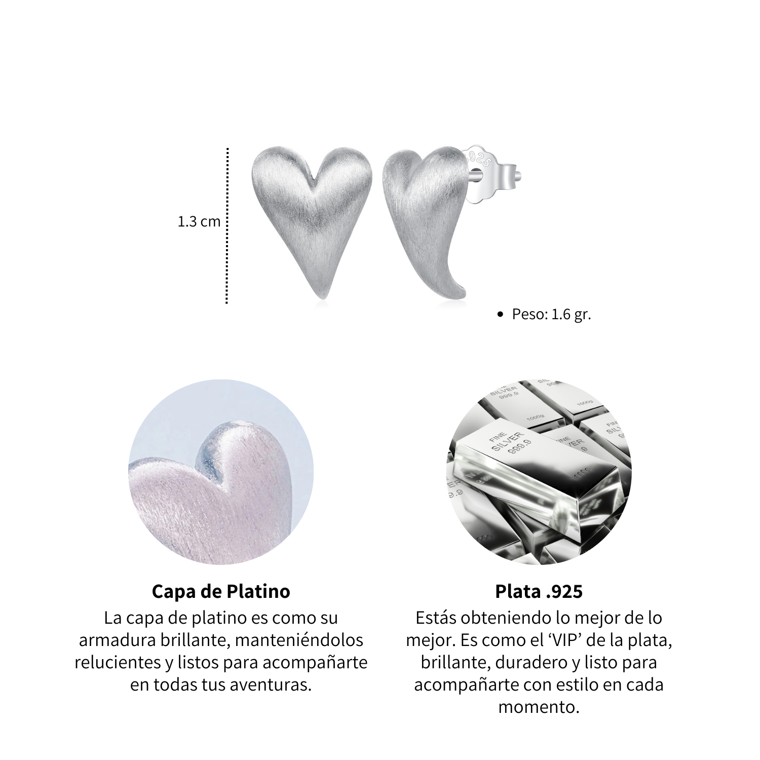 Foto 7 pulgar | Arets Chulada  Corazones De Plata .925 Con Chapa De Platino  Se Pueden Mojar
