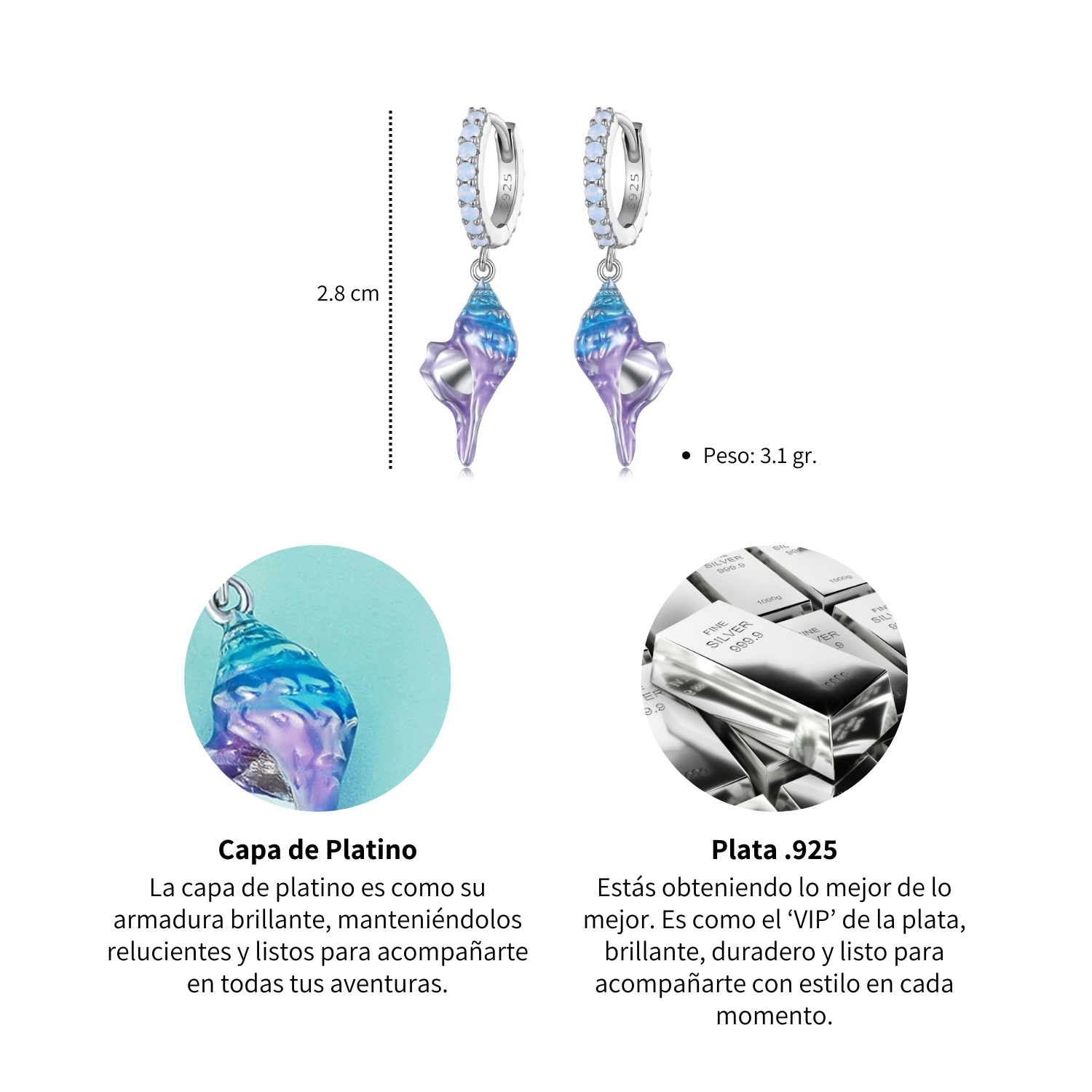 Foto 5 pulgar | Aretes Chulada  Caracol De Mar De Plata .925 Con Chaapa De Platino  Se Pueden Mojar