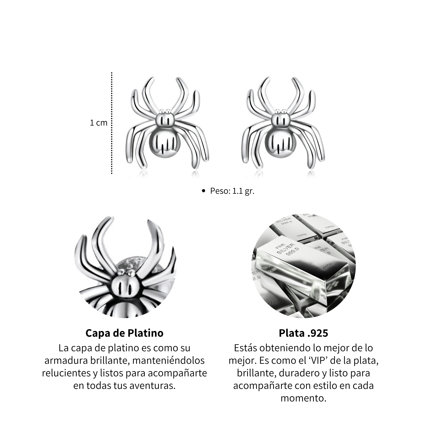 Foto 5 pulgar | Aretes Chulada  Arañas De Plata .925 Con Chapa De Platino  Se Pueden Mojar