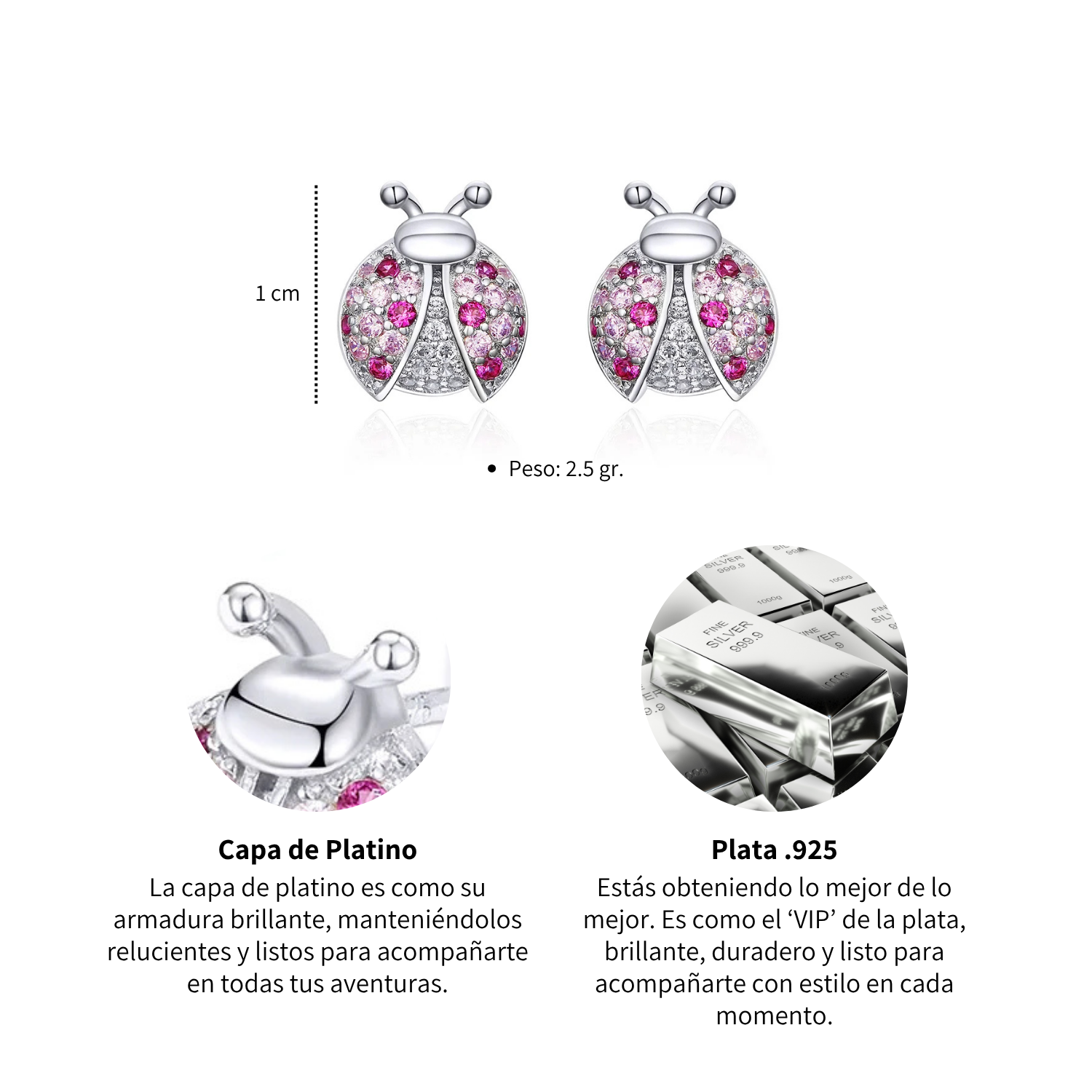 Foto 4 | Aretes Chulada  Catarinas De Plata .925 Con Circonias  Chapa De Platino