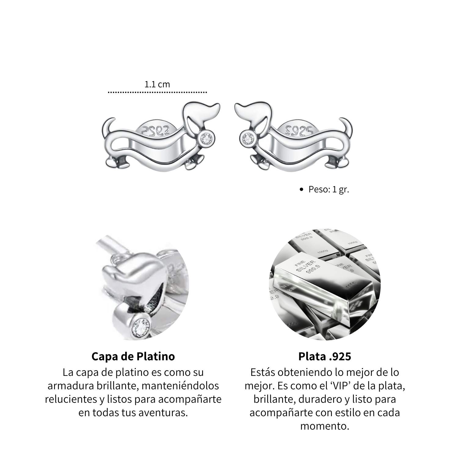 Foto 5 pulgar | Aretes Chualda  Perro Salchicha De Plata .925 Con Chapa De Platino  Se Pueden Mojar