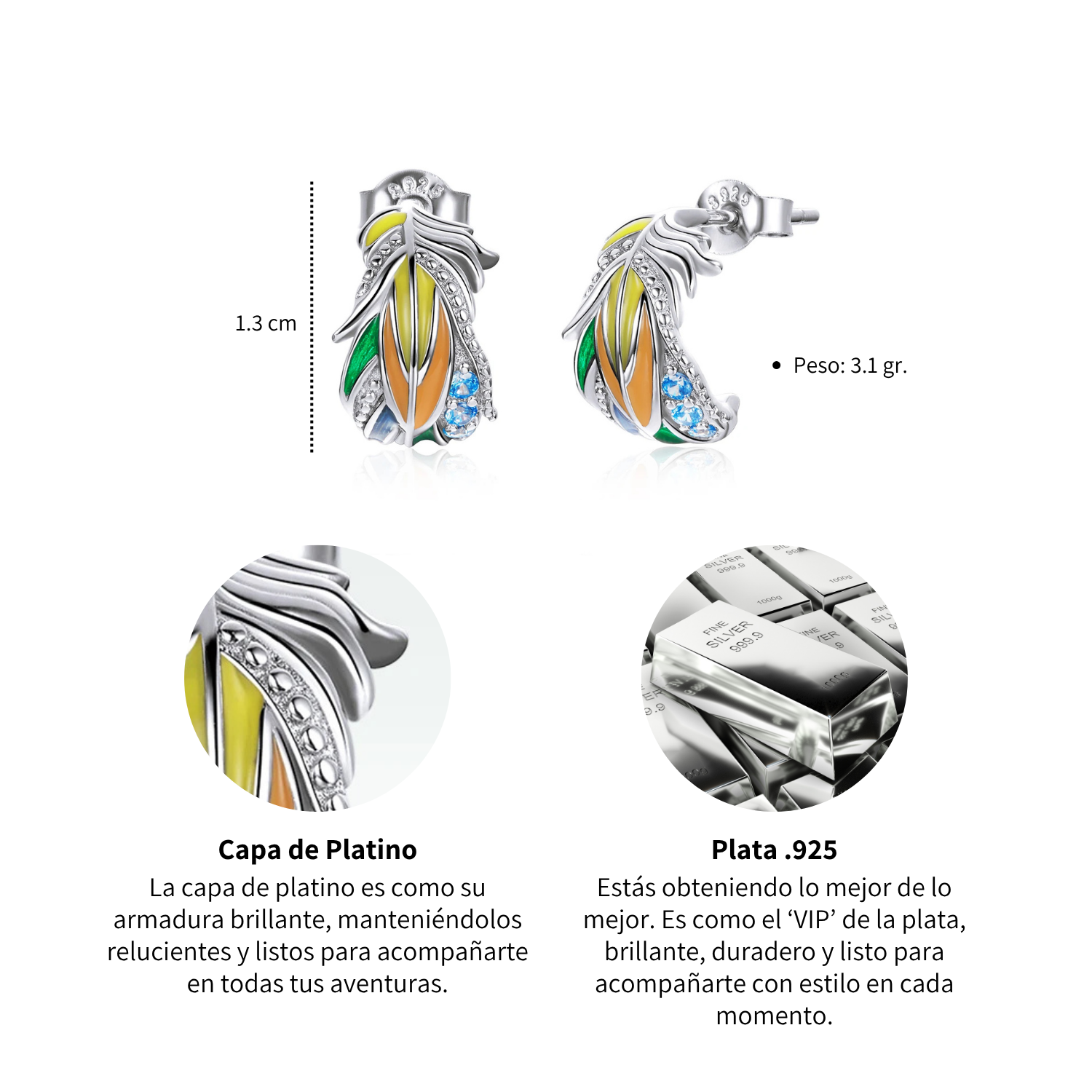 Foto 5 pulgar | Aretes Chulada  Pluma Multicolor De Plata .925 Con Chapa De Platino  Se Puede Mojar