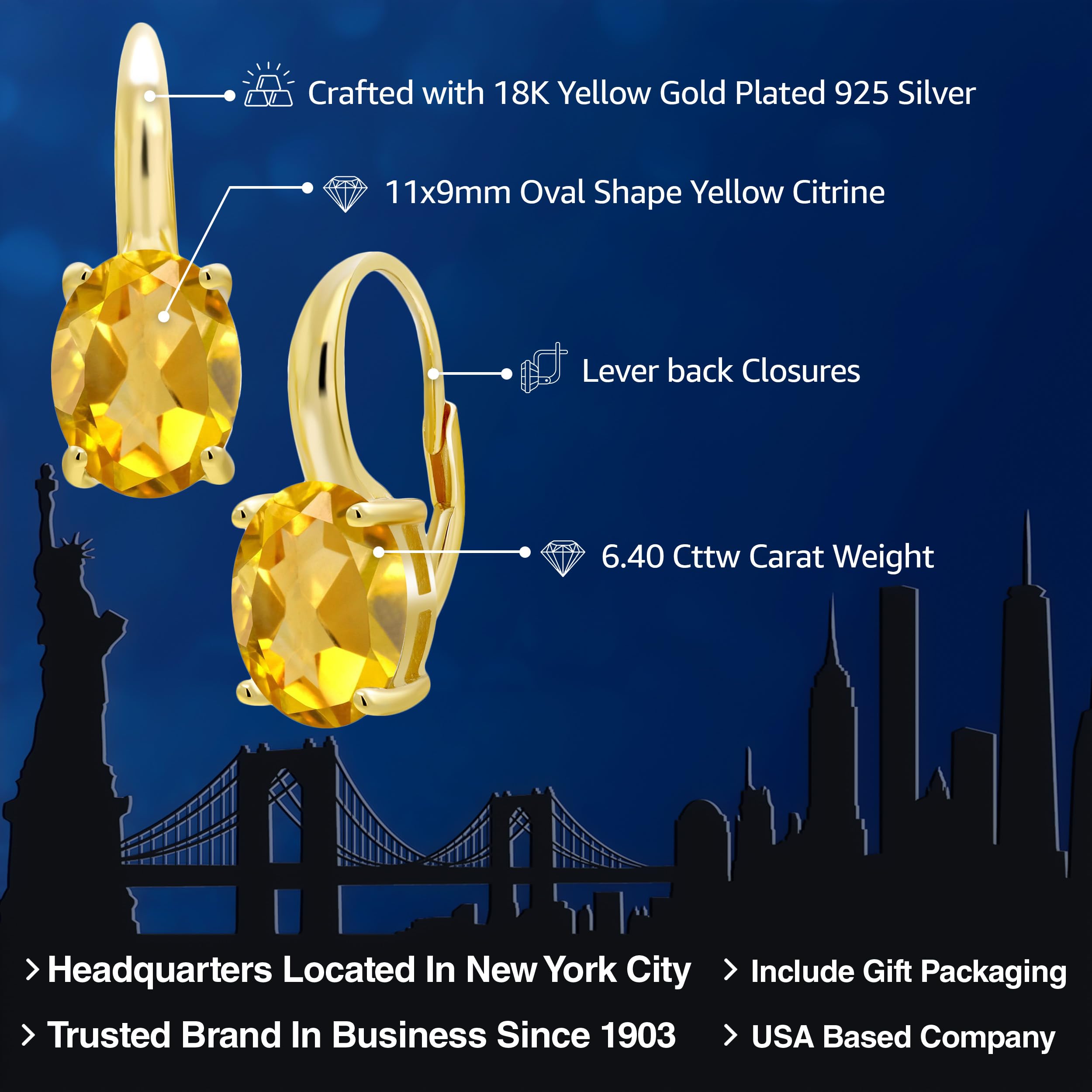 Foto 3 pulgar | Pendientes Gem Stone King  Plata Citrina Bañada En Oro Amarillo De 18 Quilates - Venta Internacional.