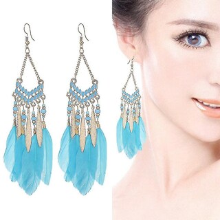 Foto 1 | Pendientes Huoguo Largos Con Forma De Abanico Borla Plumas Aleación Azul - Venta Internacional.