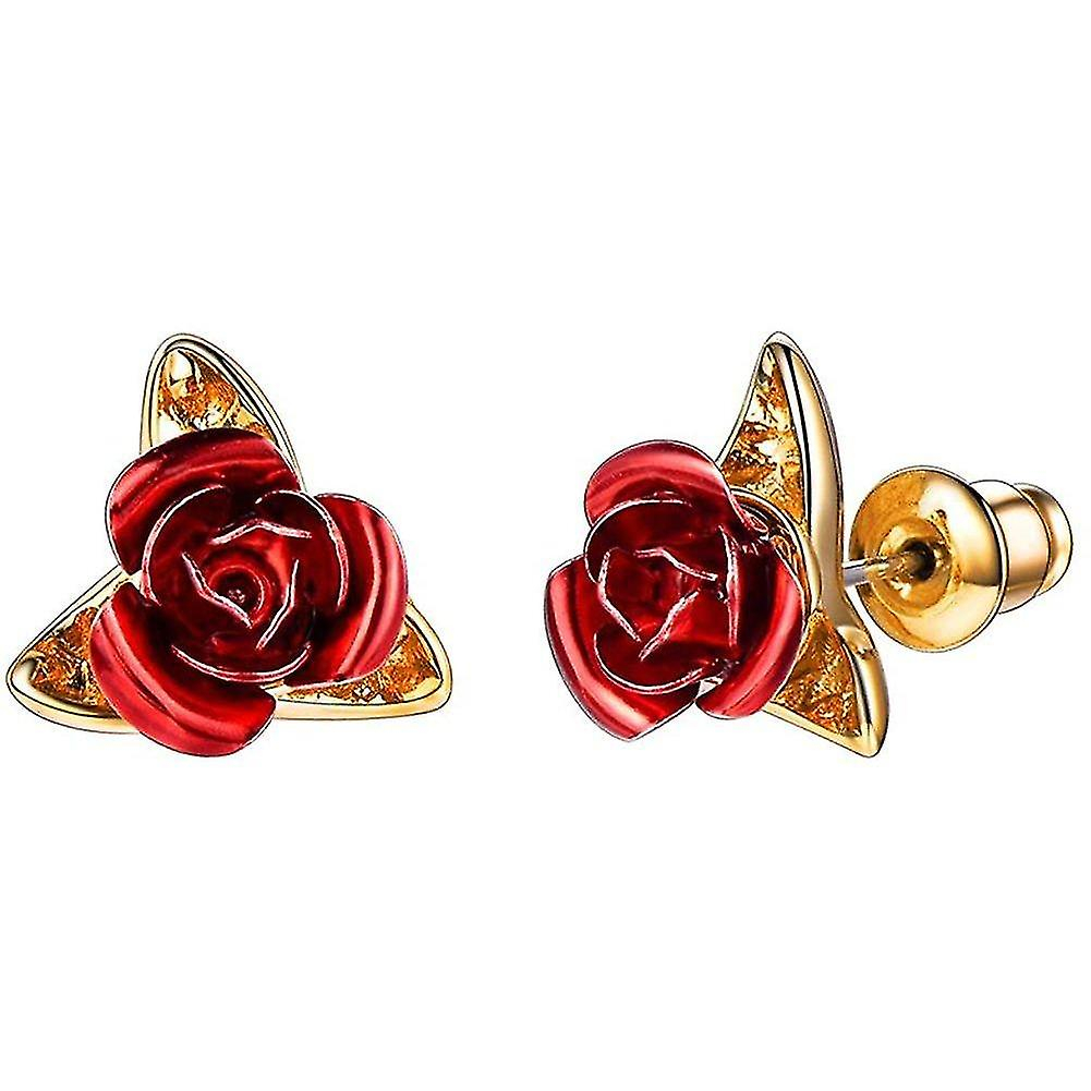 Foto 2 pulgar | Pendientes De Tuerca Chapados En Oro De 18 Quilates Con Rosas Rojas 3d Para Mujer - Venta Internacional.
