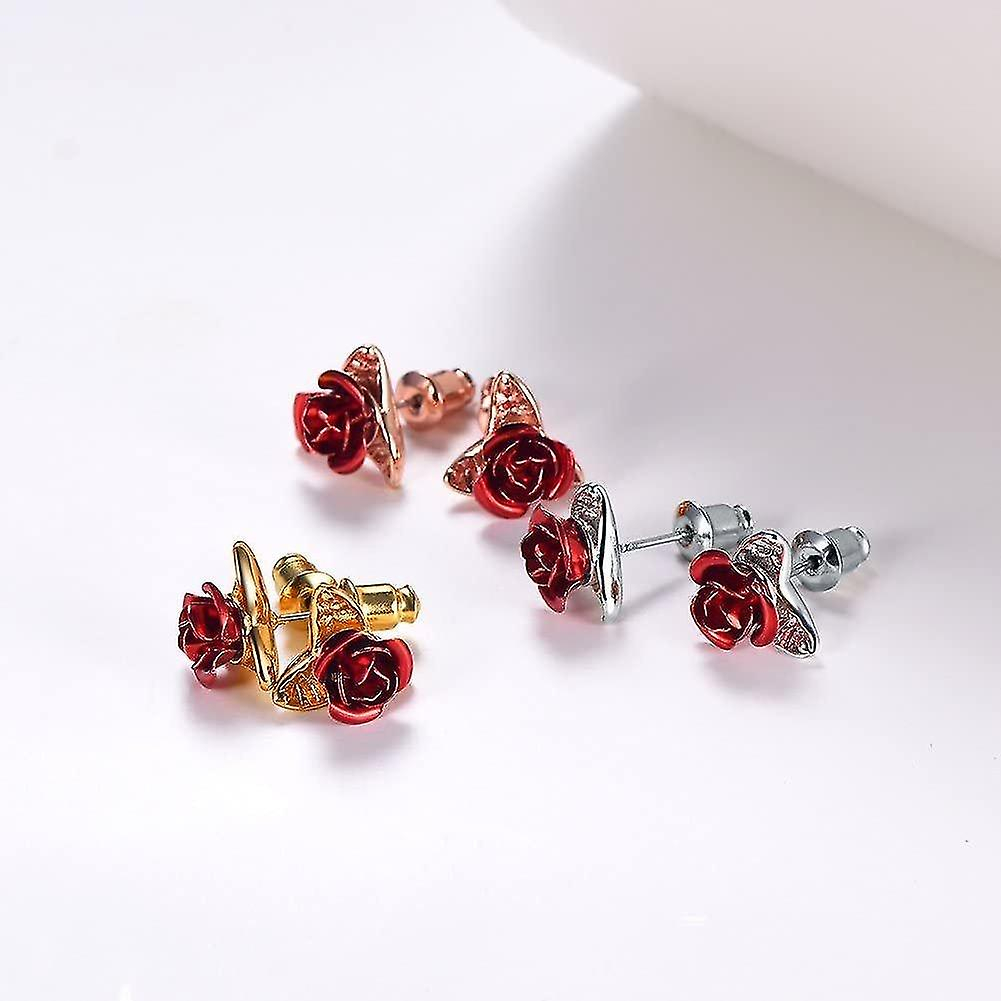 Foto 3 pulgar | Pendientes De Tuerca Chapados En Oro De 18 Quilates Con Rosas Rojas 3d Para Mujer - Venta Internacional.
